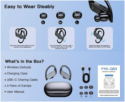 TWS Earhook Wireless Earbuds Semi-Open Back with LED Charging Case, ENC Noise Reduction, Touch Volume Control, Built-In Microphone, True Wireless Bluetooth Headphones for Sports Travel Work