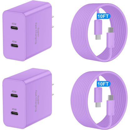 45W Samsung Super Fast Charger USB-C Dual Port Android Fast Charging Block with 10FT Long USB-C Cable for Samsung Galaxy S25 Ultra S25+ S24 Ultra S24 S23 A55 A35 – Purple