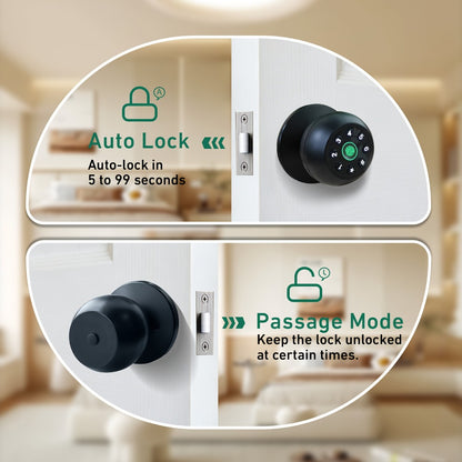 Matte Black Smart Door Knob Lock with Fingerprint & Keypad, App Control, Auto Lock, Keyless Entry Biometric Door Knob for Bedroom Home Office Interior Door, Easy DIY Install