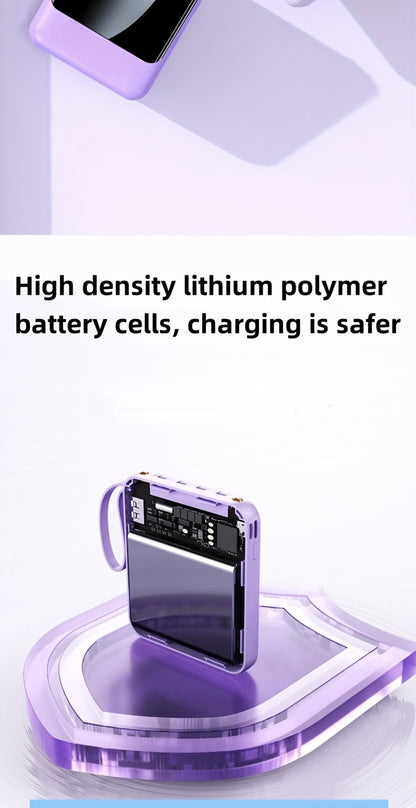 10000mAh Power Bank Built-in 4-in-1 Cable 22.5W Super Fast Charging Slim Mini Portable Charger for iPhone Android Samsung – Compact Travel Battery Pack USB-C Micro Lightning