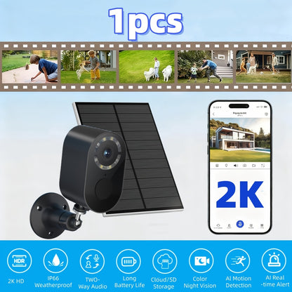 2K Solar Security Camera Outdoor Waterproof with Human Figure Alarm, Color Night Vision, 2-Way Audio, Low-Power WiFi Monitoring – Indoor Outdoor Pet Baby Surveillance Camera, 2.4G Wi-Fi