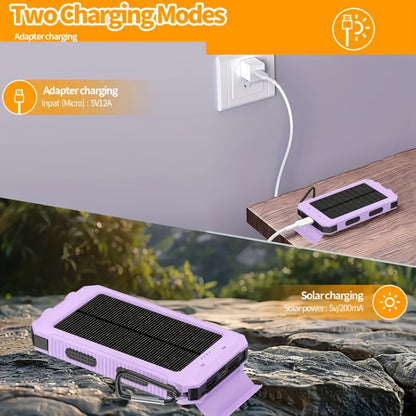 Hiking Solar Power Bank 10000mAh with Compass LED Flashlight & Carabiner Clip – Portable USB Charger for Camping Backpacking Travel Emergency Prep – Works with All Phones, Data Cable & Backpack Hook Included