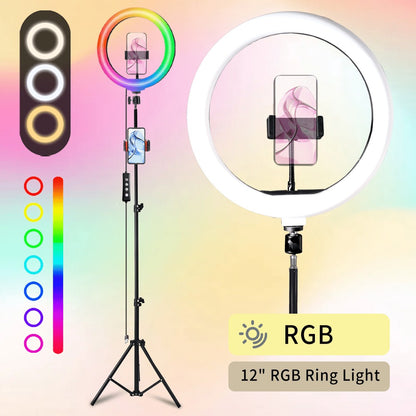 Ring Light 12 Inch Adjustable Brightness RGB with 63 Inch Floor Stand for Photo Selfie Video Recording Zoom Meetings Vlog Live Streaming TikTok YouTube Makeup