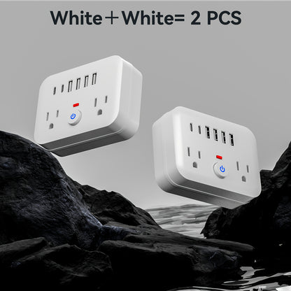 Compact Travel Surge Protector Power Strip 8-in-1 with 2 AC Outlets 4 USB-A Ports 2 USB-C Jacks Overload Protection Wall Mount Mini Portable Charging Station for Home Office Travel – Black or White