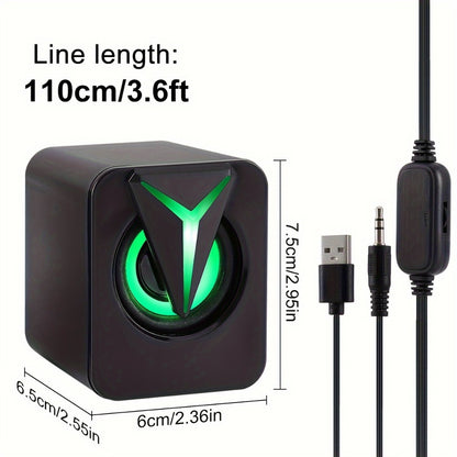 USB Powered Computer Speakers 2.0 Mini Stereo Desk Audio System with RGB Lights, Volume Control, 3.5mm AUX Input, HiFi Sound for PC, Laptop, Tablet & Phone — Plug and Play, No Driver Needed