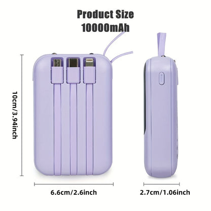 10000mAh Mini Power Bank 22.5W Super Fast Charging with 4 Built-In Cables – LED Display Cute Compact Portable Charger for iPhone Samsung Android Travel Outdoor Emergency Battery Pack