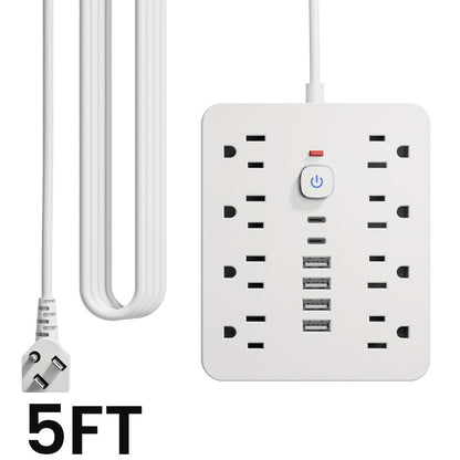 Flat Plug Wall Mount Power Strip 14-in-1 Surge Protector - 8 AC Outlets, 4 USB-A & 2 USB-C Ports, 5ft/10ft Extension Cord, Overload Protection, Desktop Charging for Home Office