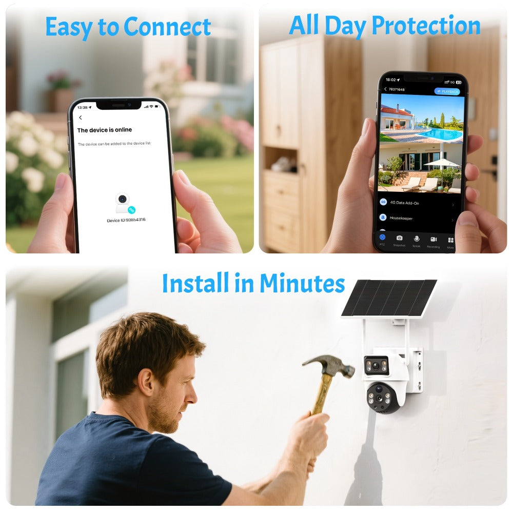 8MP 4G LTE Solar Security Camera Dual Lens PTZ 360° – No WiFi Needed, SIM Card Included, PIR Motion Detection, Full-Color Night Vision, Two-Way Audio, App Control, Outdoor Home & Farm Surveillance