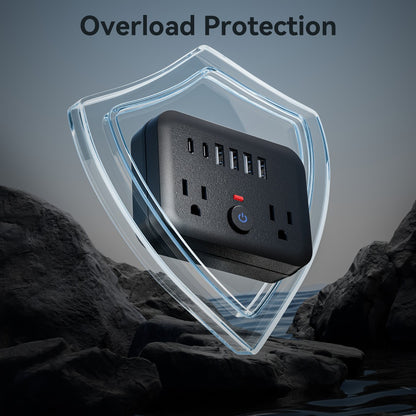 Compact Travel Surge Protector Power Strip 8-in-1 with 2 AC Outlets 4 USB-A Ports 2 USB-C Jacks Overload Protection Wall Mount Mini Portable Charging Station for Home Office Travel – Black or White