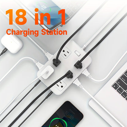 12-Outlet Surge Protector Power Strip with One-Touch Master Switch 18-in-1 with 12 Spacious AC Outlets 4 USB-A 2 USB-C Ports Safe Portable Charging Station for Home Dorm Office Travel – Black & White