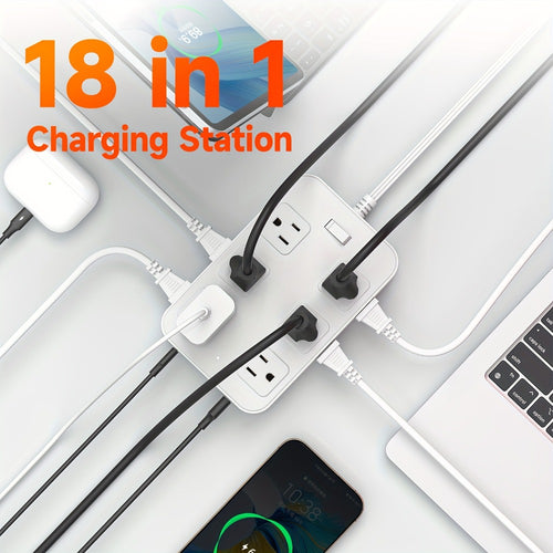 12-Outlet Surge Protector Power Strip with One-Touch Master Switch 18-in-1 with 12 Spacious AC Outlets 4 USB-A 2 USB-C Ports Safe Portable Charging Station for Home Dorm Office Travel – Black & White