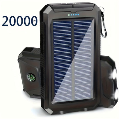 20000mAh Solar Power Bank with Built-In Flashlight & Compass – Dual USB Portable Charger for Camping Hiking Emergency Survival Outdoor Use, Compatible with All Mobile Devices, iPhone Android Samsung