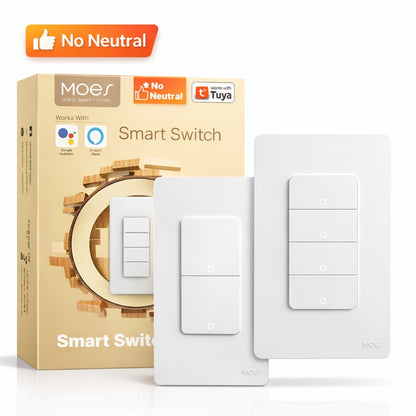 No Neutral Wire WiFi Smart Light Switch MOES 1/2/3/4 Gang Single Pole, Works with Alexa & Google Assistant, No Hub Required, 2.4GHz App Control, 110V – 2 Pack Smart Home Lighting Switch