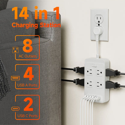 One-Touch Switch Desk Charging Station 14-in-1, 8 Widely Distributed AC Outlets & 6 USB Ports (4 USB-A + 2 USB-C), Surge Protection, Compact Portable Power Strip for Home Office Desktop – Safe & Organized