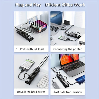10-Port USB-A Hub with High-Speed Charging & Data Transfer – Plug and Play USB Splitter for MacBook, PC, Laptop, Desktop | 10 Device Simultaneous Connection