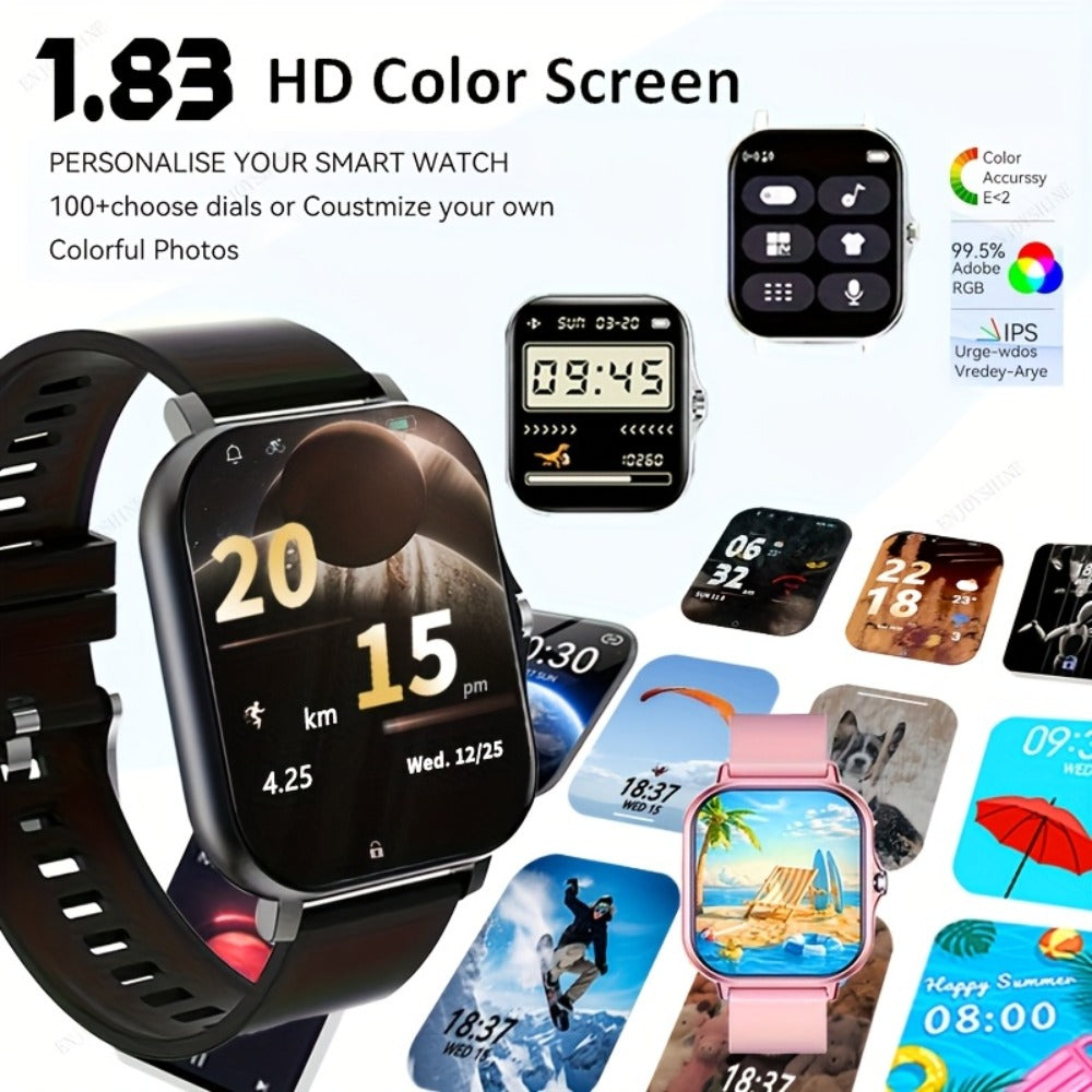 Dual TPU Strap Fitness Smartwatch 1.83" Full Touch – Pedometer, Multi Sport Mode, Exercise Recording, Wireless Calling, USB Rechargeable – Outdoor Sports Watch Men Women Gold Black Silver Pink