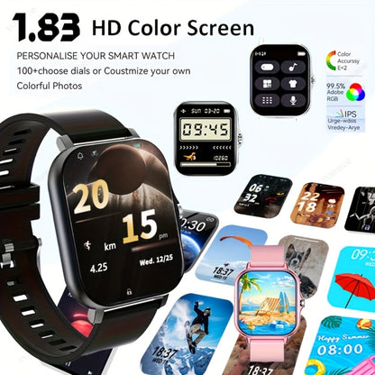 Dual TPU Strap Fitness Smartwatch 1.83" Full Touch – Pedometer, Multi Sport Mode, Exercise Recording, Wireless Calling, USB Rechargeable – Outdoor Sports Watch Men Women Gold Black Silver Pink