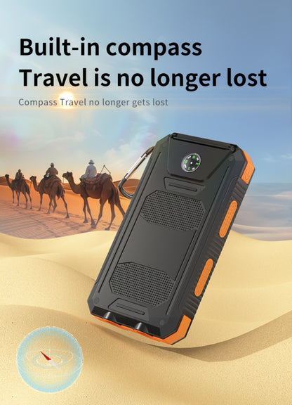 Solar Power Bank 20000mAh Portable Charger for Camping Hiking Outdoor Survival – Dual USB LED Flashlight Compass Emergency Battery Pack for iPhone Android – Black Orange