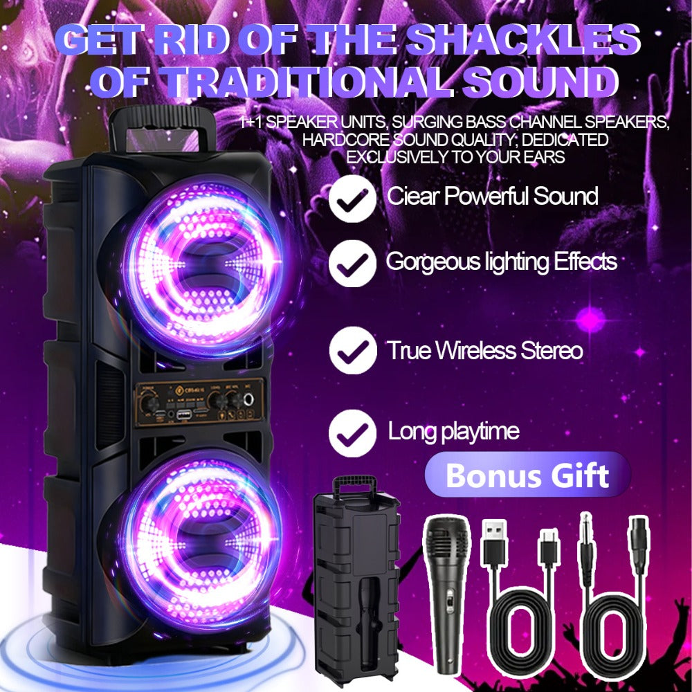 RGB Dual Speaker Portable Bluetooth Stereo Sound System with Subwoofer, Ambient Lighting, Two Speaker Sizes, Deep Bass for Party, Camping, Home Entertainment