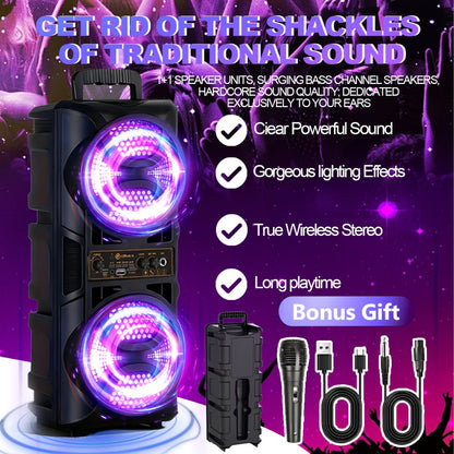 RGB Dual Speaker Portable Bluetooth Stereo Sound System with Subwoofer, Ambient Lighting, Two Speaker Sizes, Deep Bass for Party, Camping, Home Entertainment
