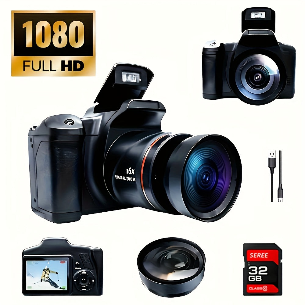1080P Mini Digital Camera for Photography Vlogging 2.4" LCD 16x Zoom 9.88mm Wide-Angle Lens Compact Travel Camera with 32GB Memory Card Included Cool Gift