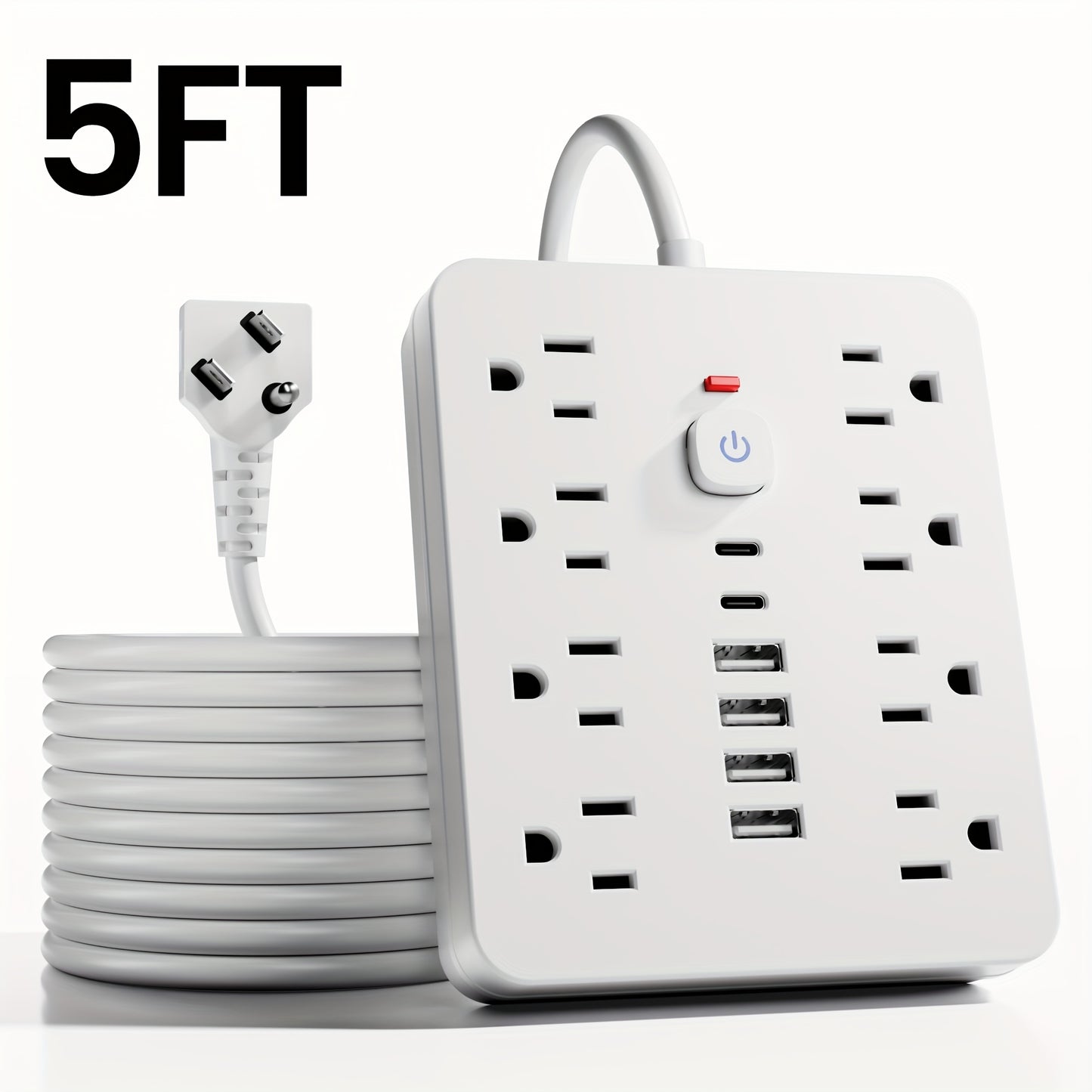 14-in-1 Wall-Mountable Power Strip with Surge Protector – 8 AC Outlets & 6 USB Ports (2 USB-C), Flat Plug Space-Saving Extension Cord, Overload Protection for Home School Office, 5ft or 10ft