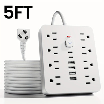 14-in-1 Wall-Mountable Power Strip with Surge Protector – 8 AC Outlets & 6 USB Ports (2 USB-C), Flat Plug Space-Saving Extension Cord, Overload Protection for Home School Office, 5ft or 10ft