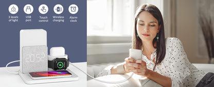 Alarm Clock 3-in-1 Wireless Charging Station with Clock Display – Bedside Charging Dock for iPhone 16 15 14 13 12 & Samsung Galaxy, Charges Phone Watch & Earbuds Simultaneously | Black White Gray