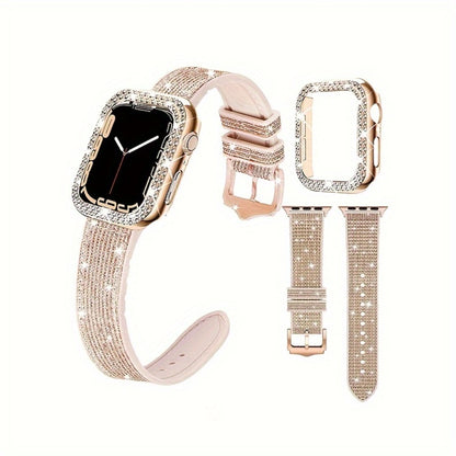Apple Watch Band with Case Crystal Rhinestone Bling, Chameleon Color-Shift Strap + Shockproof Hard PC Cover, Compatible with Apple Watch Series 1-9 SE Ultra 38mm to 49mm S10 – Rose Gold Black Silver Women