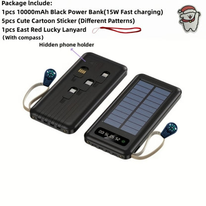 Solar Power Bank with Built-in 4 Cables LED Flashlight 15W Fast Charging Digital Display Dual USB USB-C Portable Charger 10000mAh 20000mAh 30000mAh for iPhone Android Camping Hiking
