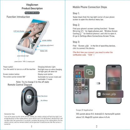 Magnetic Selfie Monitor Screen for Vlogging & Live Streaming – Rear-Facing Main Camera Display for iPhone & Android, High-Resolution Selfie Screen for TikTok, YouTube & Instagram Content Creation