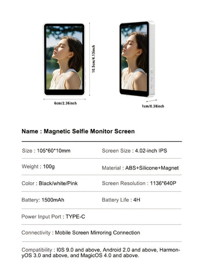 Magnetic Selfie Monitor Screen for Vlogging & Live Streaming – Rear-Facing Main Camera Display for iPhone & Android, High-Resolution Selfie Screen for TikTok, YouTube & Instagram Content Creation