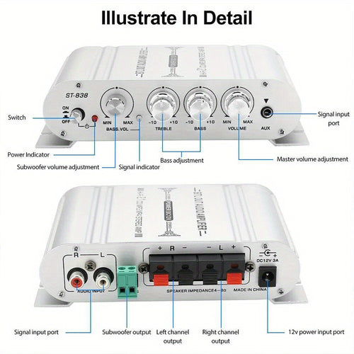 400 Watt 2.1 Channel Car Audio Stereo Amplifier, 12V Class A/B HIFI Power Amp with RCA & AUX Input, Subwoofer Output, Cast Iron Build, 20Wx2+40W RMS, 4-8Ω Speaker Compatible, Model ST-838