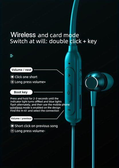 Neckband Magnetic Wireless Earbuds 20H Playtime 230mAh In-Ear Noise Canceling Sports Headphones with Mic Pluggable Memory Card Long Standby for Running Gym Workout Travel