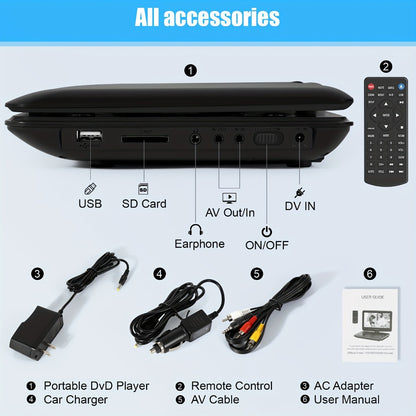 9 Inch Portable DVD Player for Kids Car Travel, Rechargeable Battery, Region Free, Dual Speakers, Earphone Jack, USB SD Card, Swivel Screen, Headrest Mount, Supports DVD CD VCD AVI MP3 JPEG