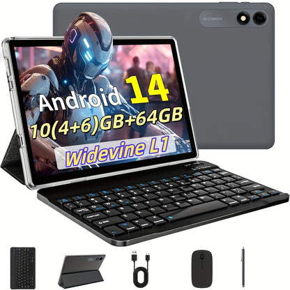 Android 14 Tablet with Keyboard and Stylus – 10 Inch Octa-Core, 10GB RAM, 64GB ROM, 1TB Expandable Storage, 5G Dual-Band WiFi, 5MP+8MP Camera, Complete Bundle with Case, Perfect Gift for Work & School