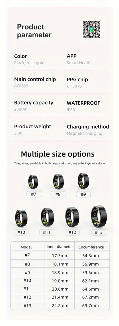 Health Monitoring Smart Ring with Heart Rate HRV Sleep Tracking, Steps Calories Body Temp & Menstrual Cycle – Bluetooth 5.3, iOS & Android, Sizes #7-#13, Rose Gold Black Silver