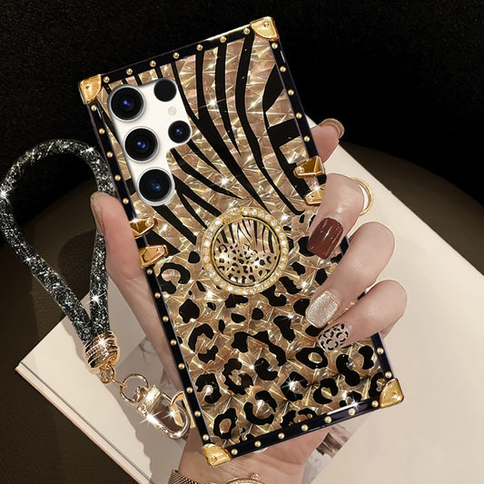 Leopard Print Samsung Galaxy Case Ring Holder Kickstand Anti-Drop Rectangular Cover for Galaxy S25 Ultra Plus S24 Ultra Plus FE S23 Ultra S22 Ultra S21 Ultra A56 A55 A54 A36 A35 A16 A15 A14 – Fashion Girly