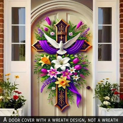 Easter Door Curtain Decoration 35.4x70.8 Inch, Colorful Spring Door Hanging with Dove Floral Cross Pattern, Polyester 2D Flat No-Power Door Curtain Set for Entrance Room Home Party Easter Decor