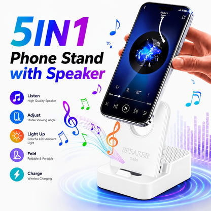Magnetic Wireless Speaker Stand with Emergency Charging – 360° Adjustable Foldable Phone Holder, Portable Bluetooth Speaker, Compatible with iPhone & Android, for Home, Travel & Office