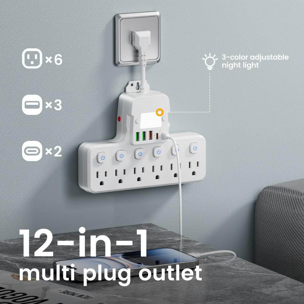 Desk Lamp Power Strip 12-in-1 with Adjustable LED Light, 6 AC Outlets & 5 USB Ports (3 USB-A + 2 USB-C), Overload Protection Surge Protector, Multi-Plug Charging Station for Office Home Travel – White & Black