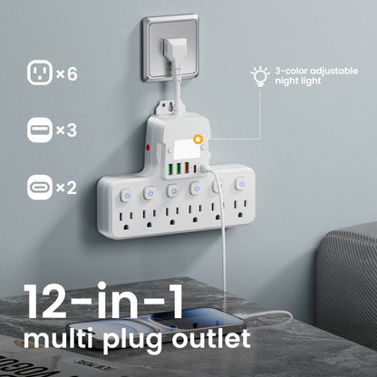 Desk Lamp Power Strip 12-in-1 with Adjustable LED Light, 6 AC Outlets & 5 USB Ports (3 USB-A + 2 USB-C), Overload Protection Surge Protector, Multi-Plug Charging Station for Office Home Travel – White & Black