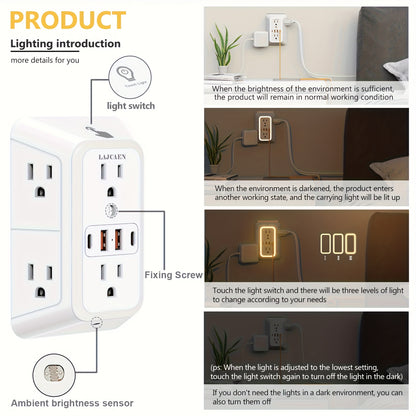 3-Sided Wall Outlet Extender 10-in-1 with 6 AC Outlets & 4 USB Ports (2 USB-A & 2 USB-C), 1050J Surge Protector Multi-Plug Adapter for Home, Travel, Office & College