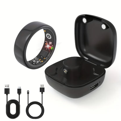 Smart Ring with Charging Case – Bluetooth 6.0 Fitness & Sleep Tracker, Steps, Calories, Remote Camera Control, iOS & Android Compatible, Sizes 7–13, Black Gold Silver
