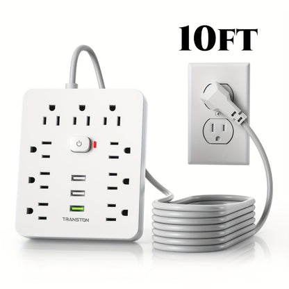 45° Tilt Plug Power Strip 12-in-1 Surge Protector with 9 AC Outlets & 3 USB Ports, 10ft Long Extension Cord, Advanced Overload Protection for Home, Office & High-Power Devices