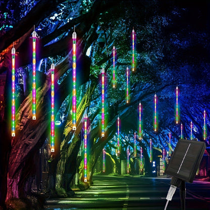 Solar Meteor Shower String Lights 192 LED Flower Theme - Outdoor Hanging Tree Lights Touch Control Warm Multi Color Blue for Garden Courtyard Christmas Halloween 4th of July Wedding Decoration