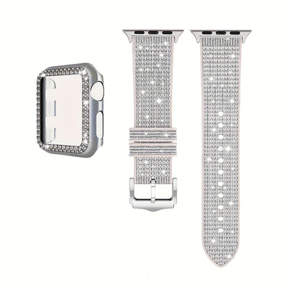 Apple Watch Band with Case Crystal Rhinestone Bling, Chameleon Color-Shift Strap + Shockproof Hard PC Cover, Compatible with Apple Watch Series 1-9 SE Ultra 38mm to 49mm S10 – Rose Gold Black Silver Women