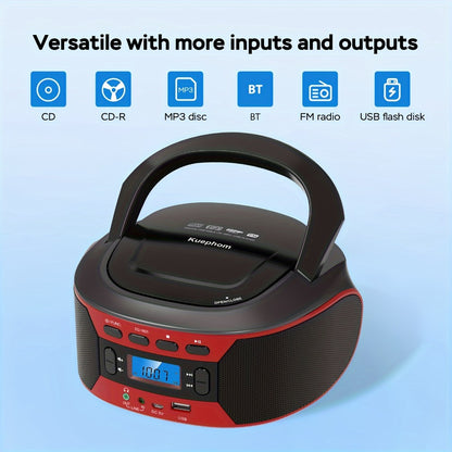 Bluetooth CD Player Boombox with FM Radio – Portable CD Boombox with AUX USB Playback, Earphone Jack, Stereo Speakers, Battery or AC Powered, CD Player for Home and Outdoor Use
