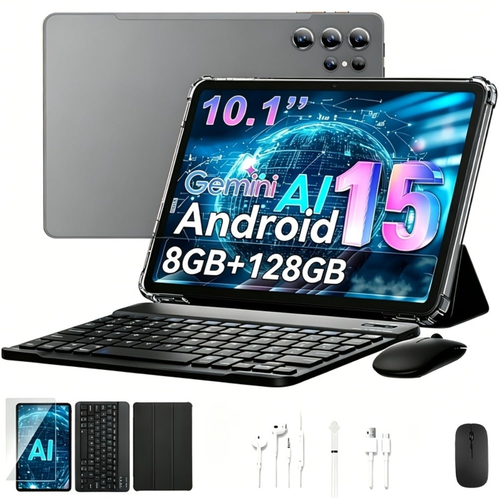 2-in-1 Tablet Android 15, 10.1 Inch Tablet with Keyboard Case Stylus, 8GB RAM 128GB ROM, 8000mAh Battery, 5G WiFi, 5MP+16MP Dual Camera, 1280x800 FHD IPS, Tablet PC for Adults Kids