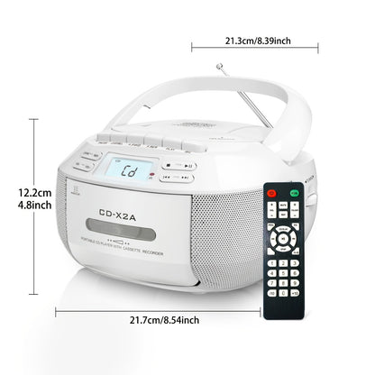 CD Cassette Player Boombox Combo with AM/FM Radio, Remote Control, LCD Display, AUX USB Earphone Jack, AC & Battery Operated, Stereo Sound Home Audio System for Seniors Adults